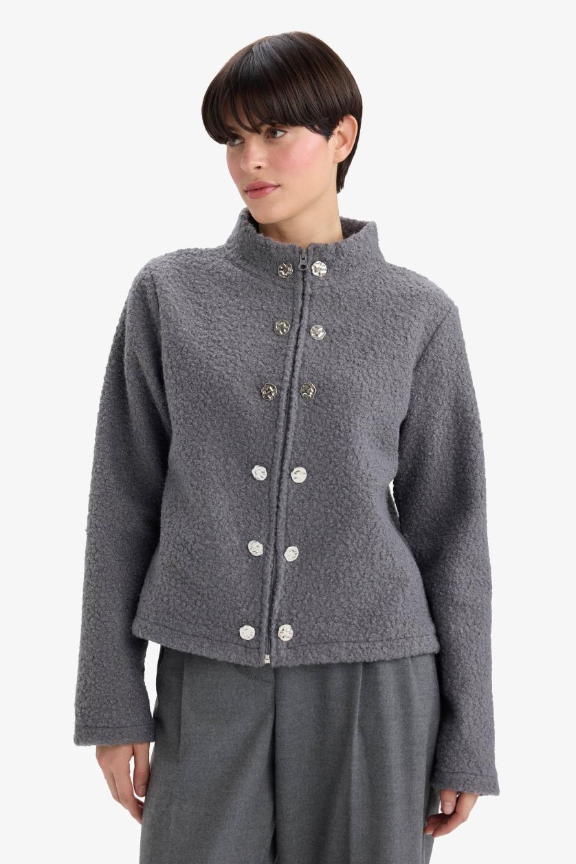 Kadın Gri Melanj Pelüş Düğme Detaylı Fermuarlı Hırka