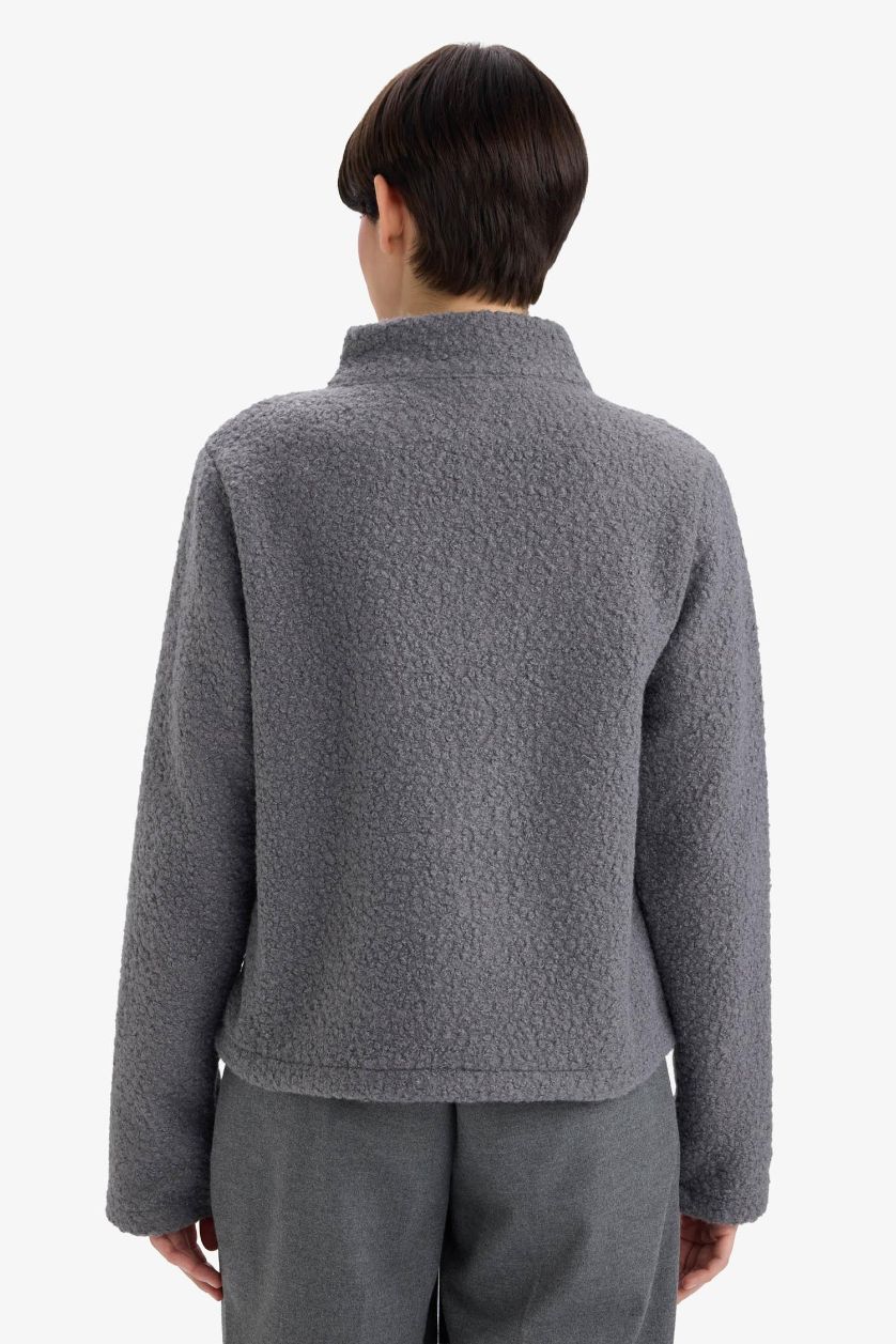 Kadın Gri Melanj Pelüş Düğme Detaylı Fermuarlı Hırka