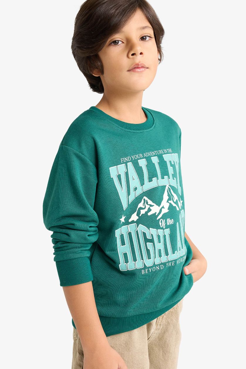 Erkek Çocuk - Genç Erkek Koyu Yeşil Bisiklet Yaka Baskılı Sweatshirt Erkek Çocuk