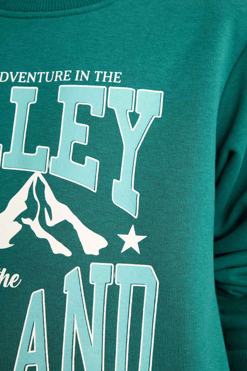 Erkek Çocuk - Genç Erkek Koyu Yeşil Bisiklet Yaka Baskılı Sweatshirt Erkek Çocuk