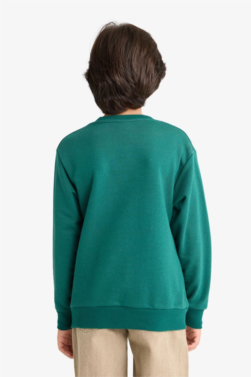 Erkek Çocuk - Genç Erkek Koyu Yeşil Bisiklet Yaka Baskılı Sweatshirt Erkek Çocuk