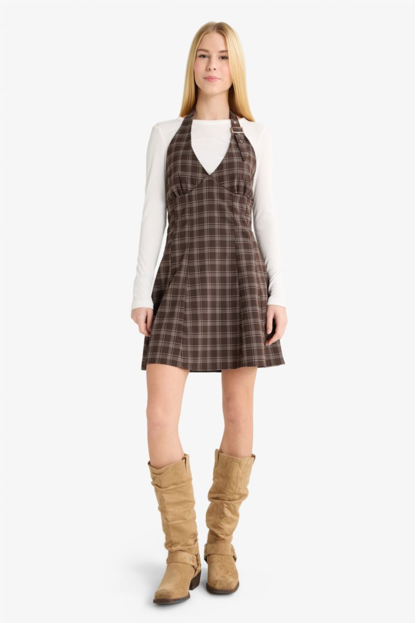 WOMAN Brown Halter Collar Plaid Mini Dress