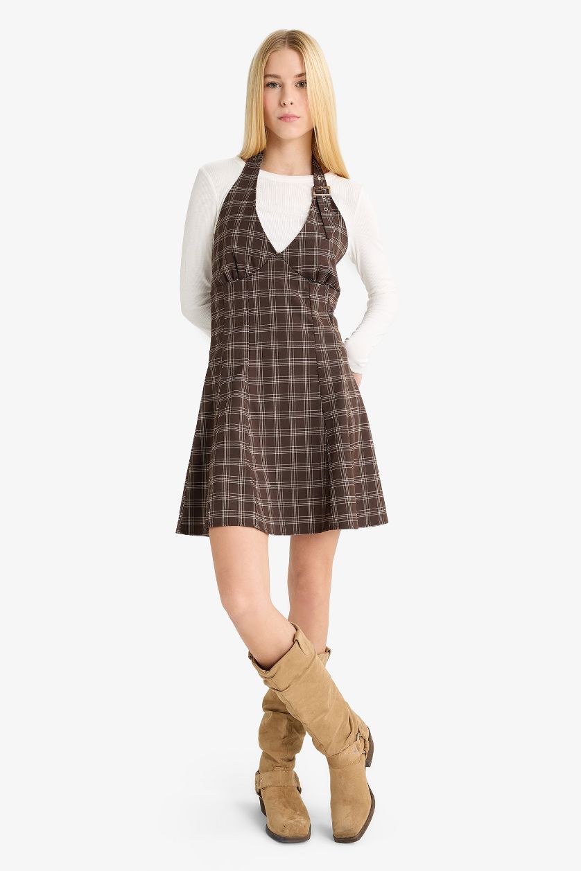 WOMAN Brown Halter Collar Plaid Mini Dress