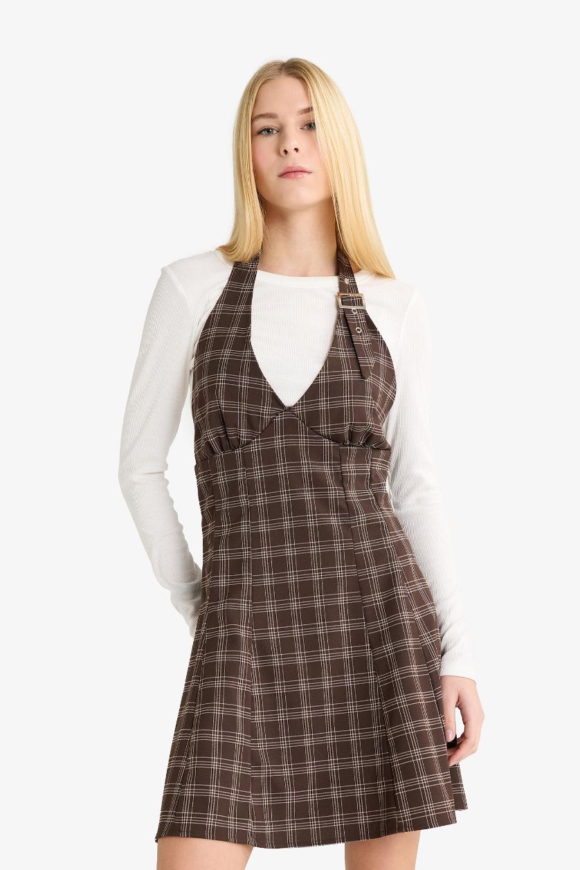 WOMAN Brown Halter Collar Plaid Mini Dress