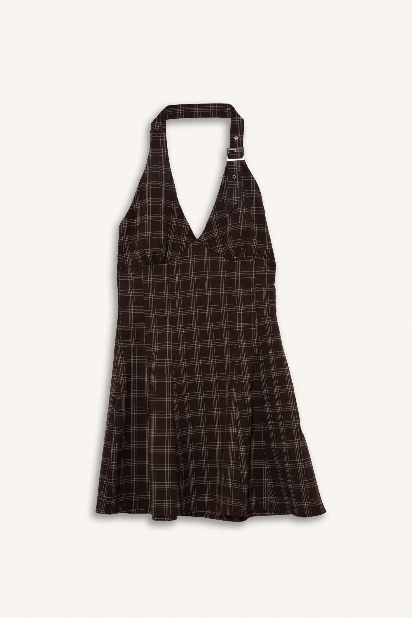 WOMAN Brown Halter Collar Plaid Mini Dress