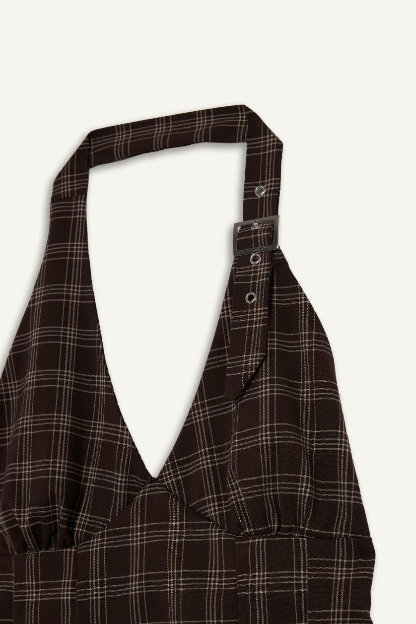 WOMAN Brown Halter Collar Plaid Mini Dress