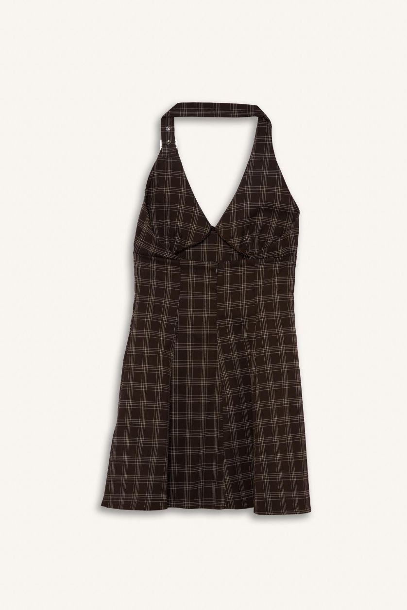 WOMAN Brown Halter Collar Plaid Mini Dress