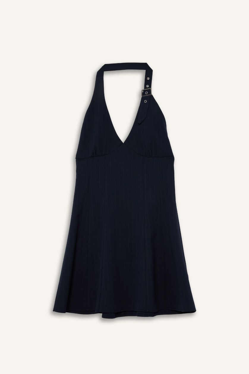 WOMAN NAVY Halter Collar Plaid Mini Dress
