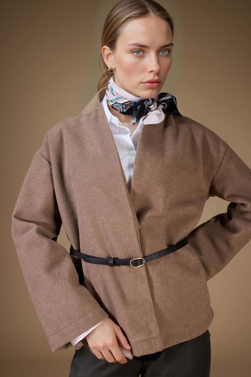 Woman Beige Round Collar Wool Look Long Sleeve Shirt