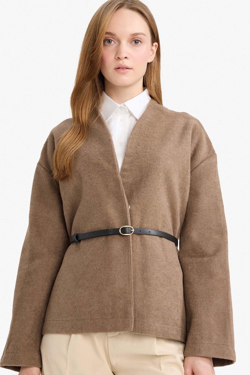 Woman Beige Round Collar Wool Look Long Sleeve Shirt