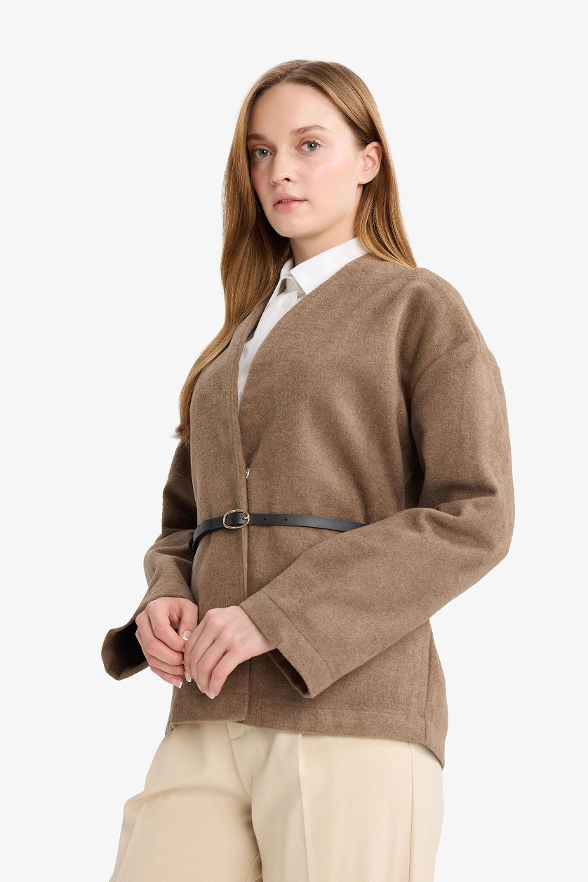 Woman Beige Round Collar Wool Look Long Sleeve Shirt