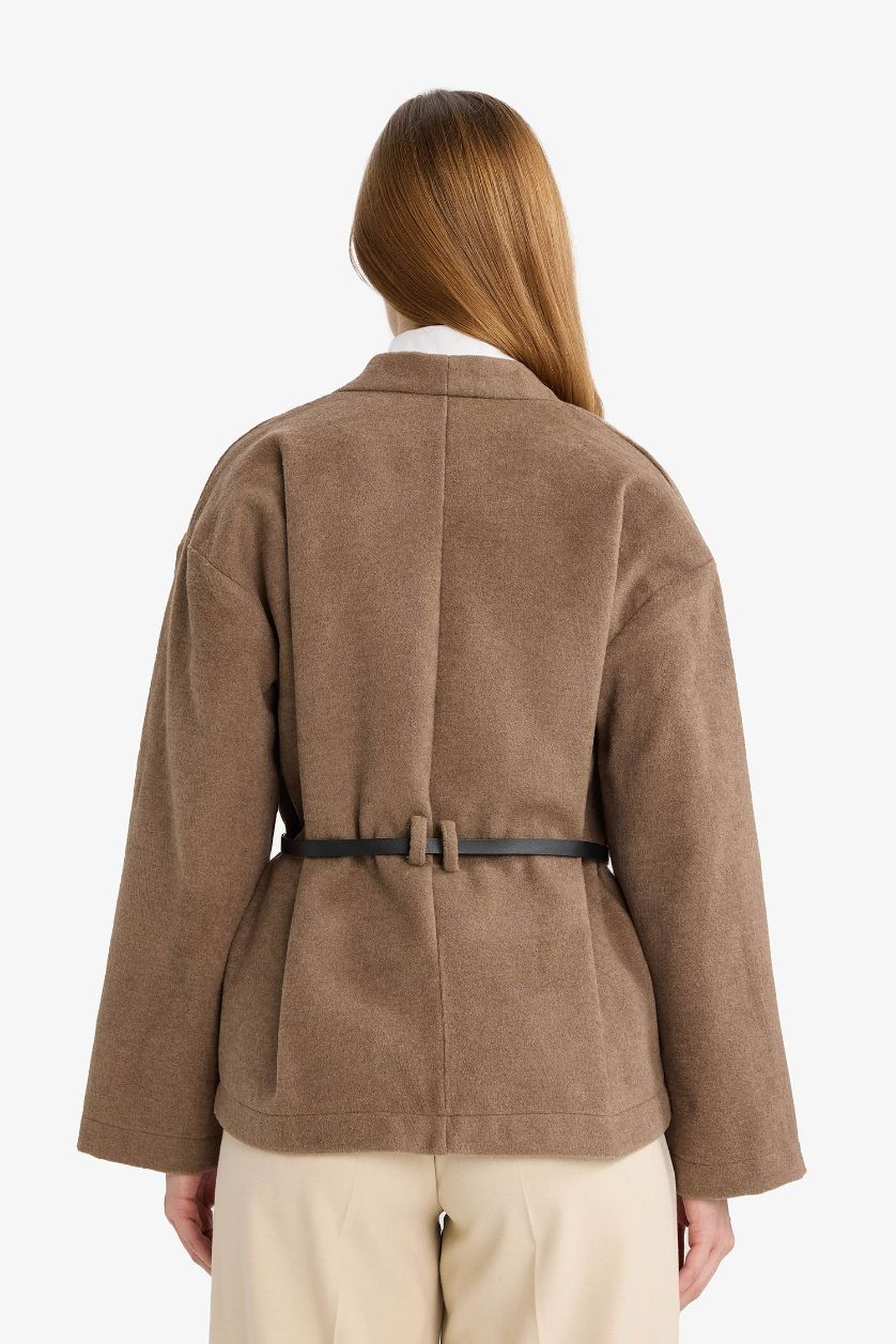 Woman Beige Round Collar Wool Look Long Sleeve Shirt