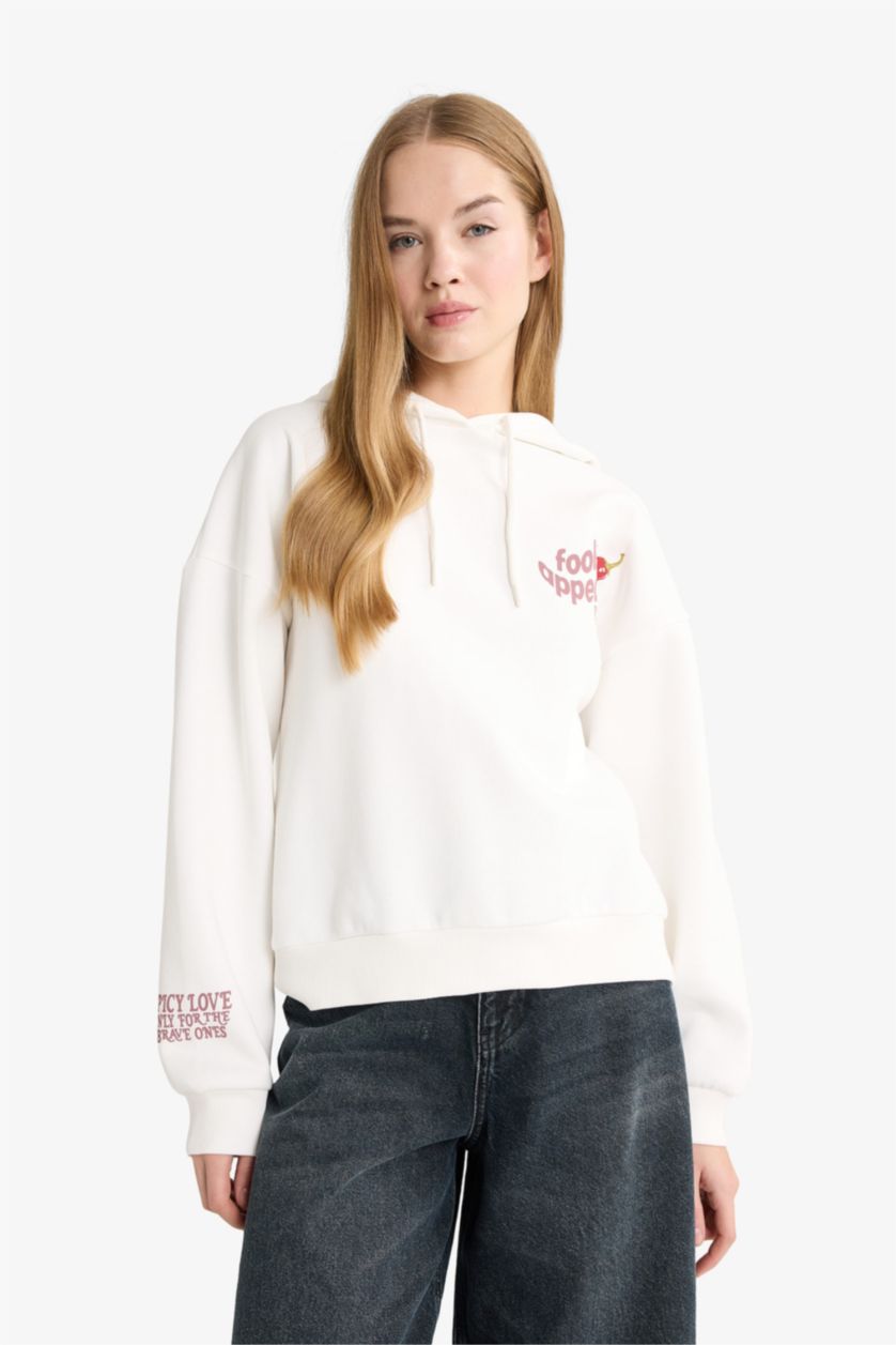Woman White Oversize Fit Printed Long Sleeve Sweatshirt