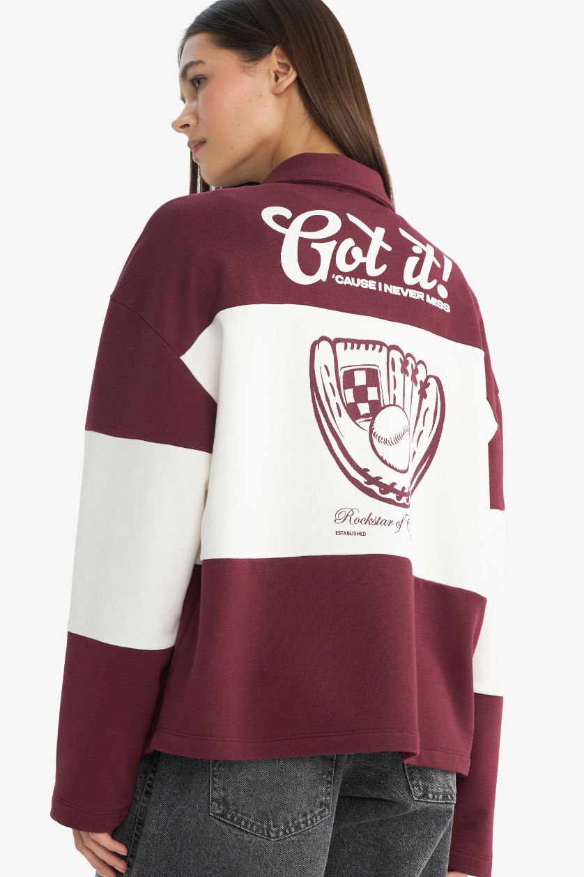 Kadın Bordo Regular Fit Polo Yaka Sırt Baskılı Sweatshirt