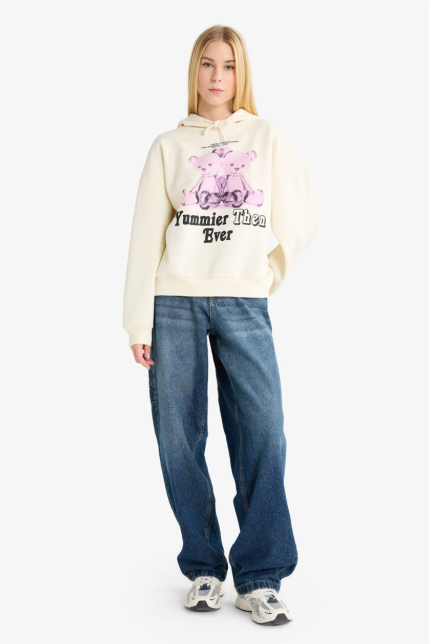 WOMAN Ecru Oversize Fit Printed Hoodie