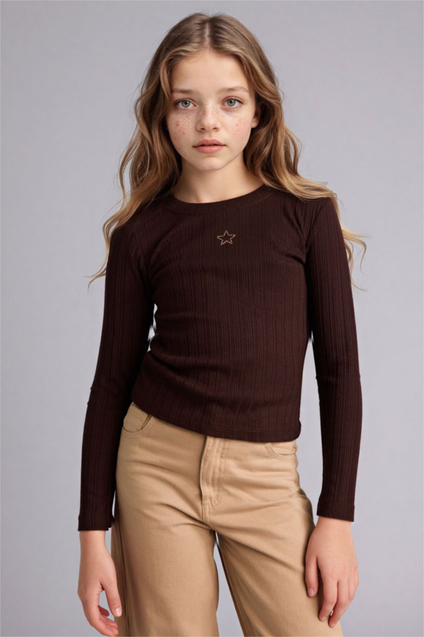 Kız Çocuk - Genç Kız Kahve Slim Fit Dar Kesim Yıldızlı Fitilli Kaşkorse Uzun Kollu Tişört Kız Çocuk