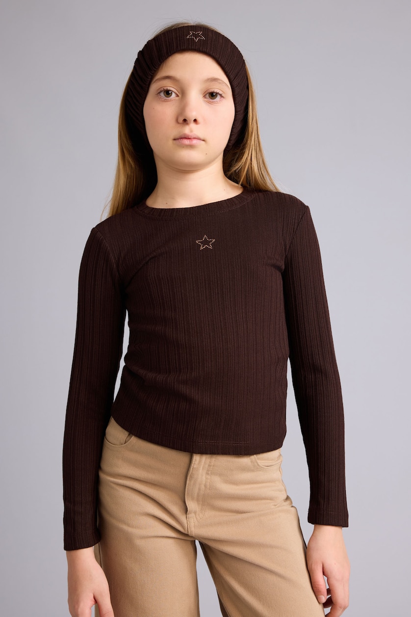 Kız Çocuk - Genç Kız Kahve Slim Fit Dar Kesim Yıldızlı Fitilli Kaşkorse Uzun Kollu Tişört Kız Çocuk