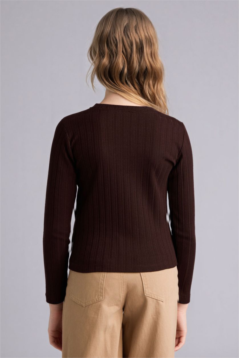 Kız Çocuk - Genç Kız Kahve Slim Fit Dar Kesim Yıldızlı Fitilli Kaşkorse Uzun Kollu Tişört Kız Çocuk