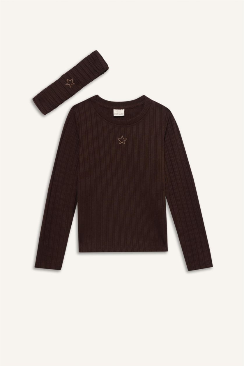 Kız Çocuk - Genç Kız Kahve Slim Fit Dar Kesim Yıldızlı Fitilli Kaşkorse Uzun Kollu Tişört Kız Çocuk