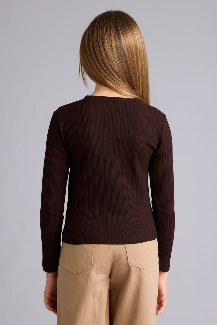 Kız Çocuk - Genç Kız Kahve Slim Fit Dar Kesim Yıldızlı Fitilli Kaşkorse Uzun Kollu Tişört Kız Çocuk