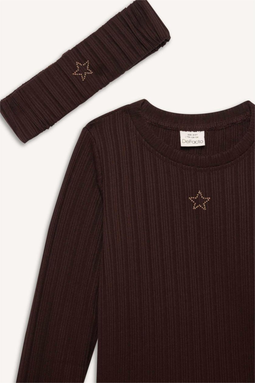 Kız Çocuk - Genç Kız Kahve Slim Fit Dar Kesim Yıldızlı Fitilli Kaşkorse Uzun Kollu Tişört Kız Çocuk