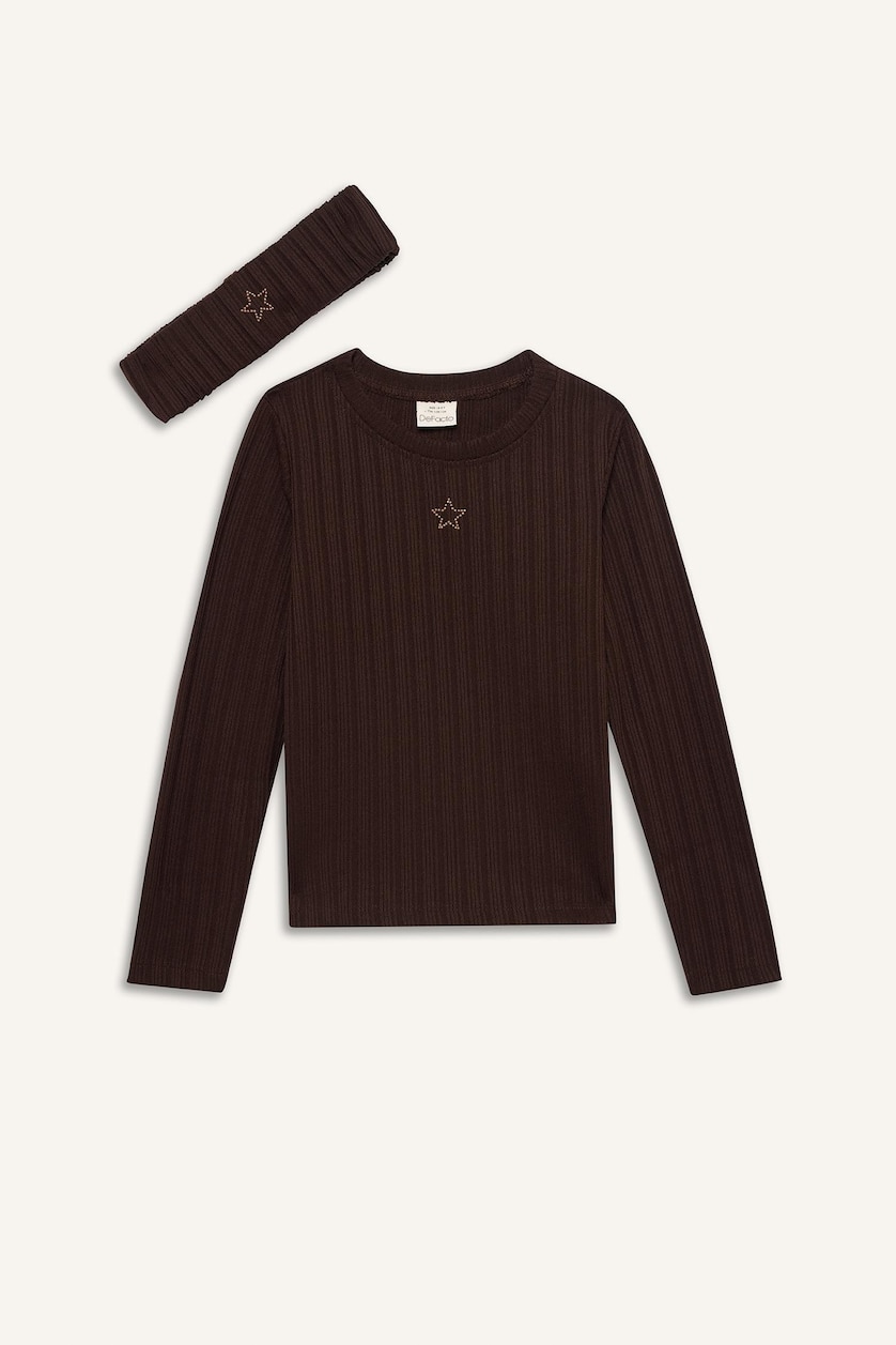 Kız Çocuk - Genç Kız Kahve Slim Fit Dar Kesim Yıldızlı Fitilli Kaşkorse Uzun Kollu Tişört Kız Çocuk