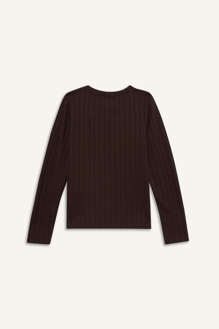 Kız Çocuk - Genç Kız Kahve Slim Fit Dar Kesim Yıldızlı Fitilli Kaşkorse Uzun Kollu Tişört Kız Çocuk