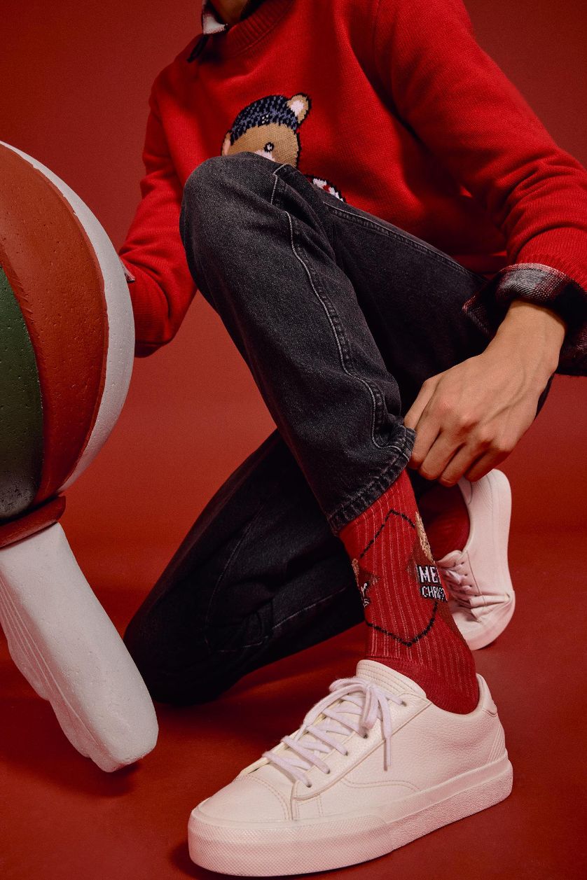 Erkek Karma Erkek Yılbaşı Temalı Ayı Baskılı 2'li Pamuklu Uzun Çorap