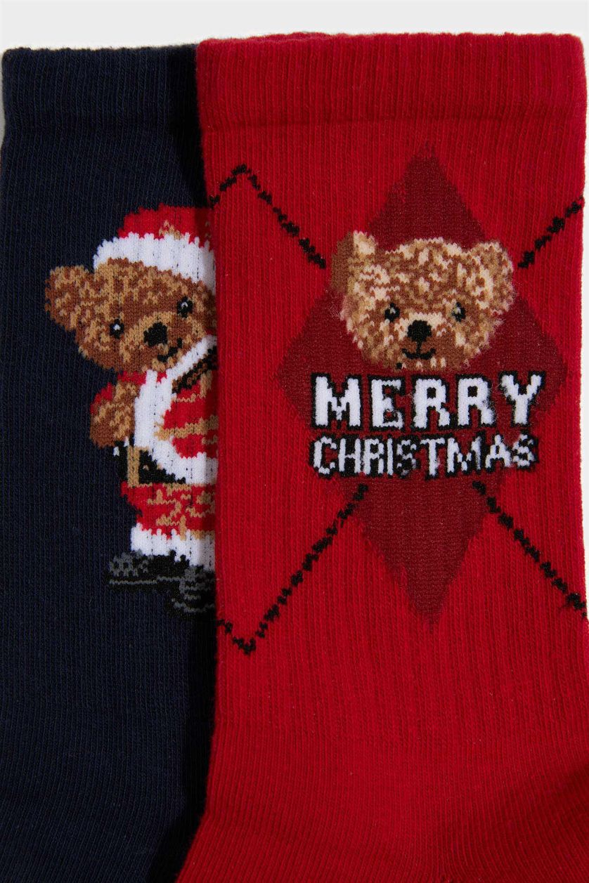 Erkek Karma Erkek Yılbaşı Temalı Ayı Baskılı 2'li Pamuklu Uzun Çorap
