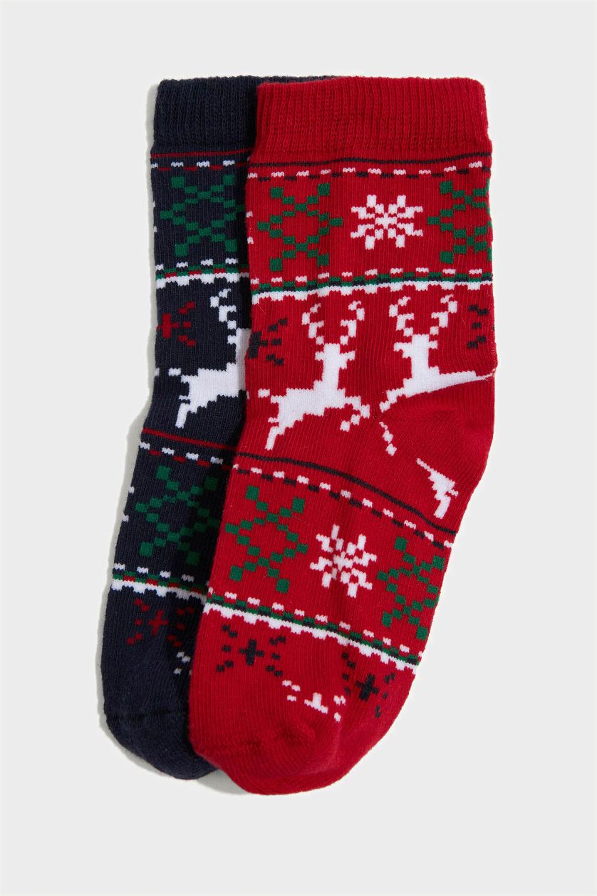 Erkek Bebek Karma Yılbaşı Temalı Dikişsiz 2'li Pamuklu Uzun Çorap Erkek Bebek
