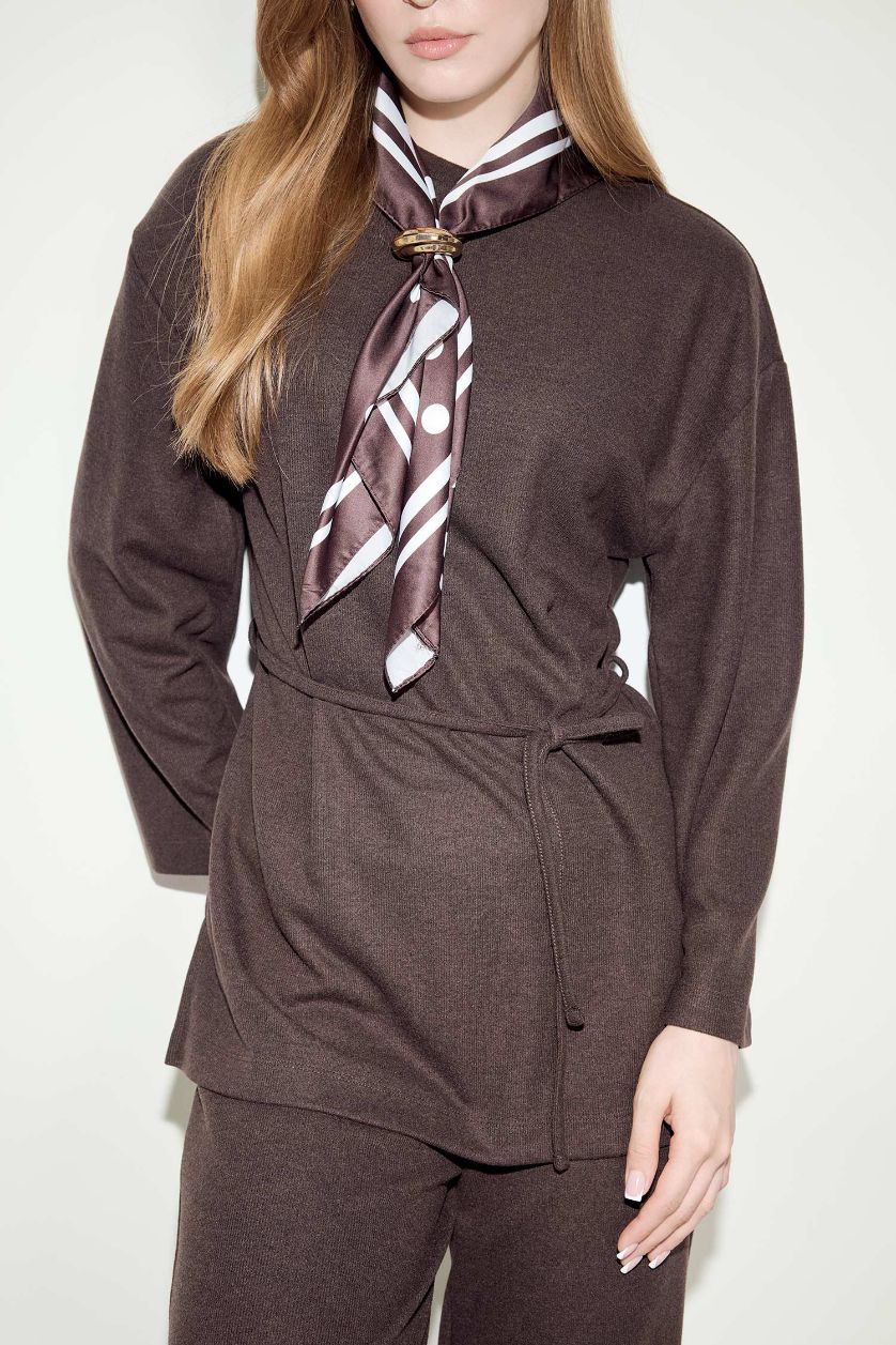 Kadın Kahve Regular Fit Bağlamalı Uzun Kollu Tunik