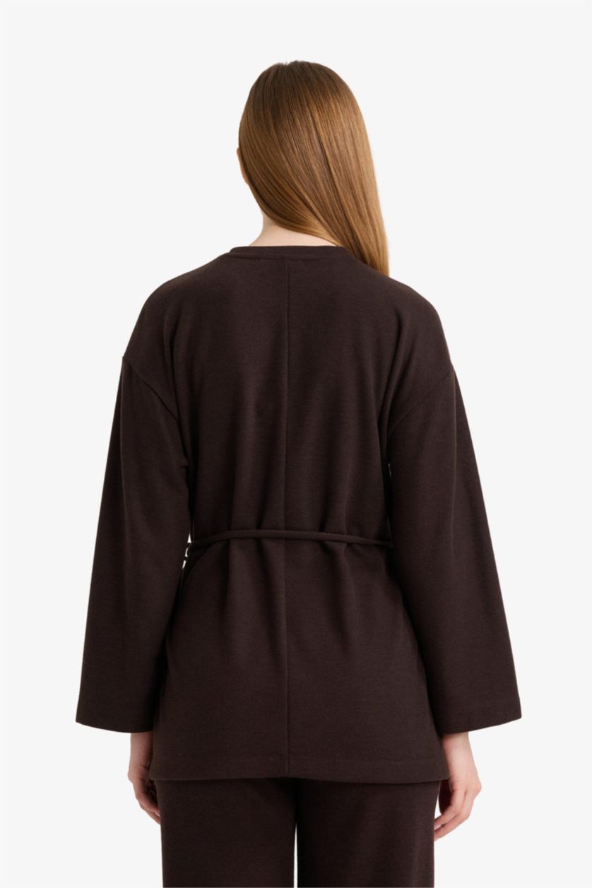 Kadın Kahve Regular Fit Bağlamalı Uzun Kollu Tunik