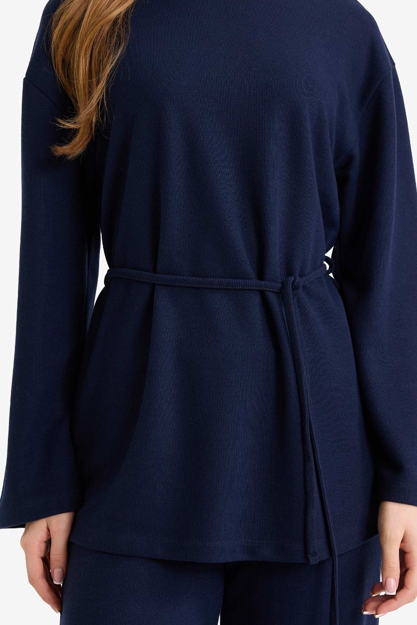 نساء كحلي بلوز طويل قصة عادية برباط