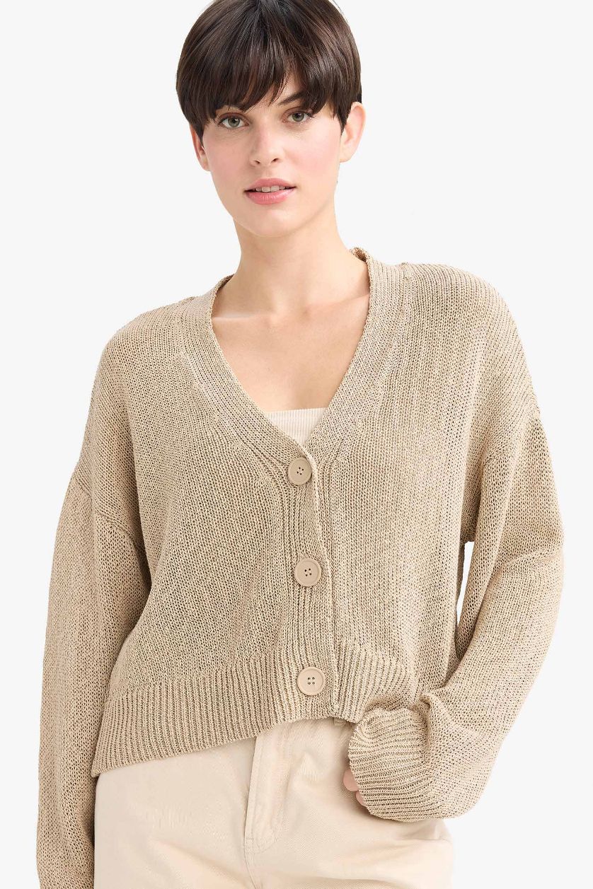 Woman Beige Relax Fit V-Neck Knitwear Cardigan