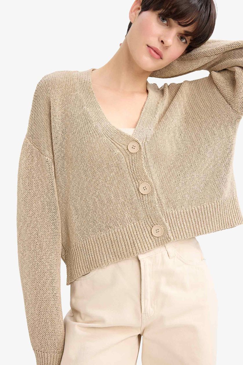 Woman Beige Relax Fit V-Neck Knitwear Cardigan
