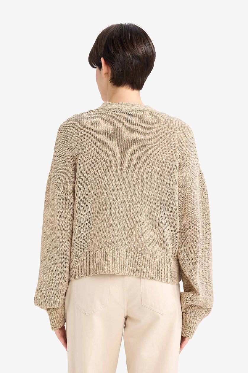 Woman Beige Relax Fit V-Neck Knitwear Cardigan