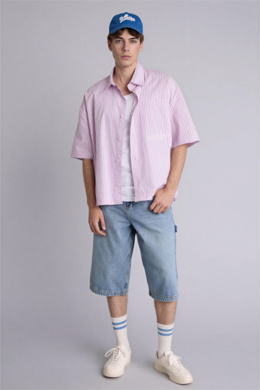 Erkek Açık Pembe Boxy Fıt Çizgili Kısa Kollu Gömlek
