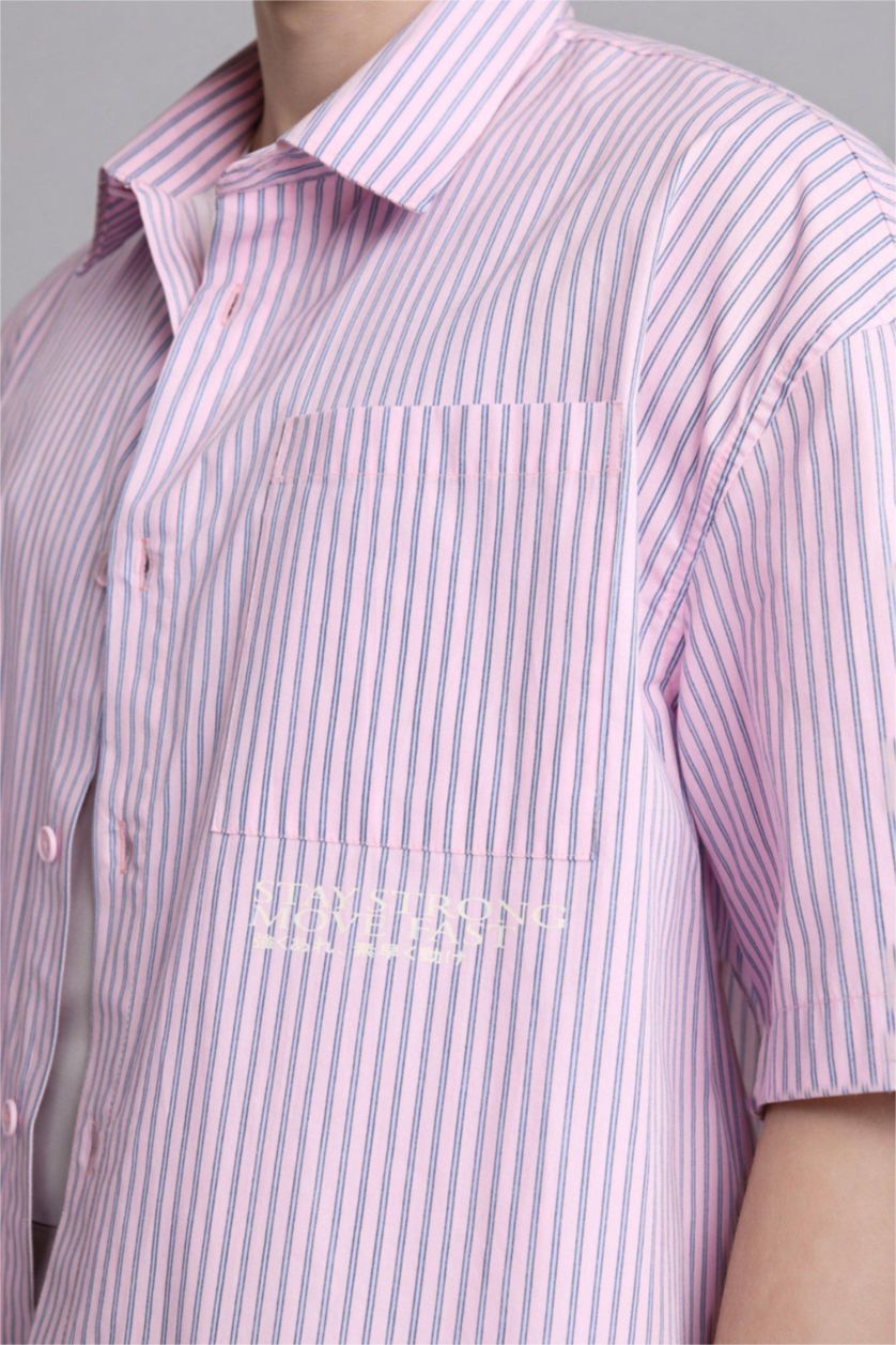 Erkek Açık Pembe Boxy Fıt Çizgili Kısa Kollu Gömlek