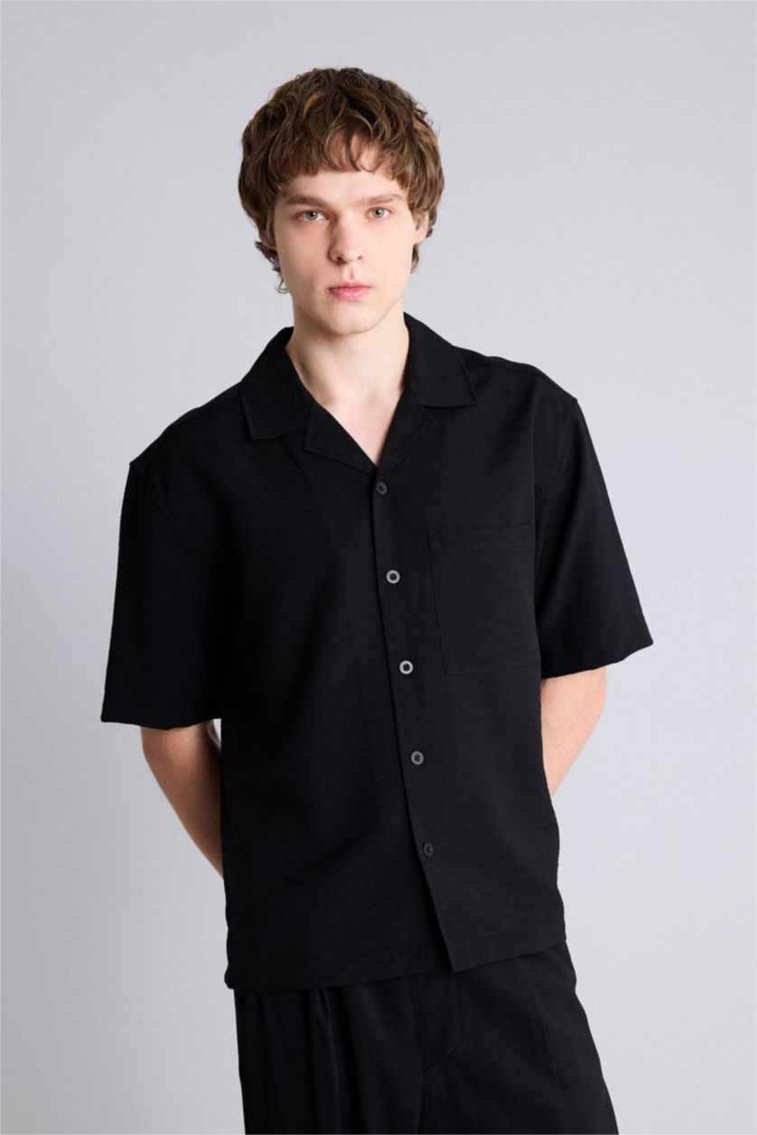 HOMME Noir Chemise boxy en tissu froissé à manches courtes