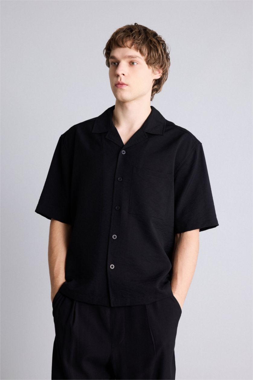 HOMME Noir Chemise boxy en tissu froissé à manches courtes