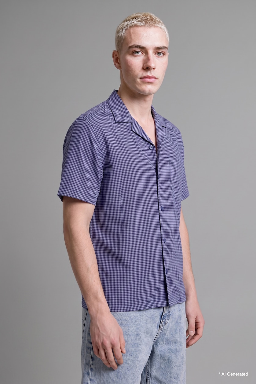 Men NAVY Boxy Fit Apache Collar Checked Shirt