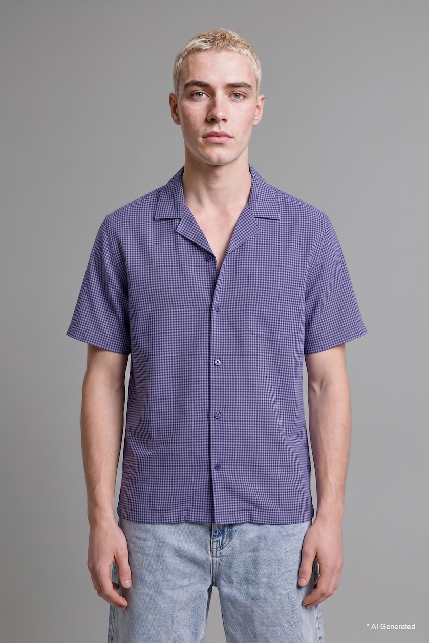 Men NAVY Boxy Fit Apache Collar Checked Shirt