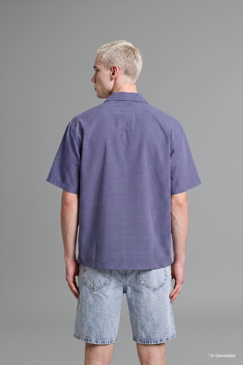 Men NAVY Boxy Fit Apache Collar Checked Shirt
