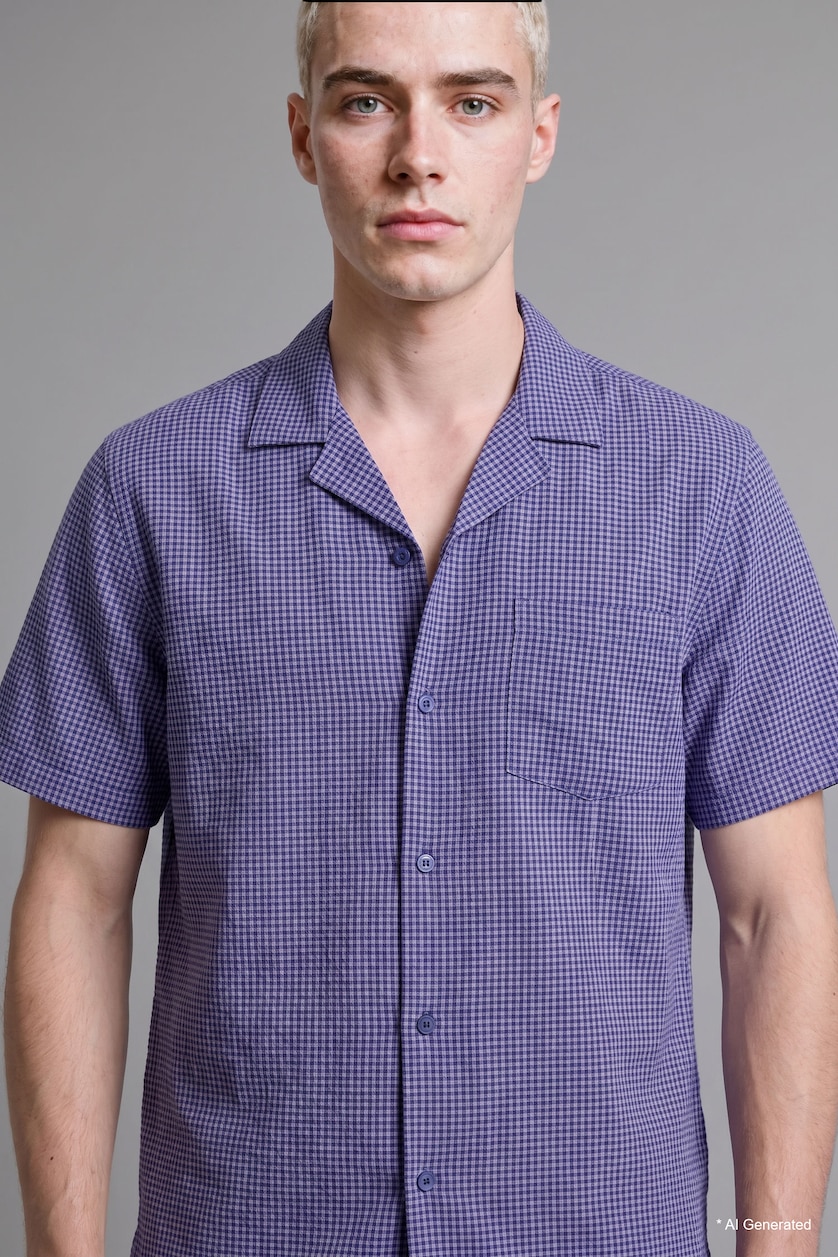 Men NAVY Boxy Fit Apache Collar Checked Shirt