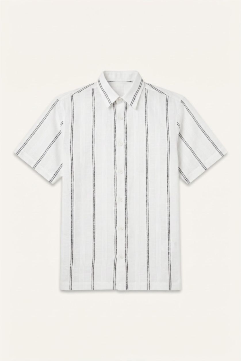 Men White Regular Fit Striped Short Sleeve Shirt