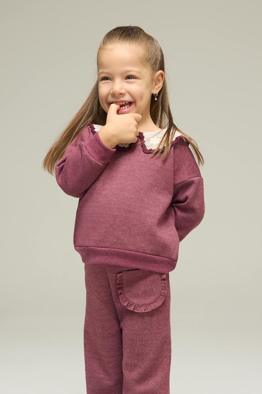 Kız Bebek Bordo Büyük Yaka Nakışlı Sweatshirt Kız Bebek