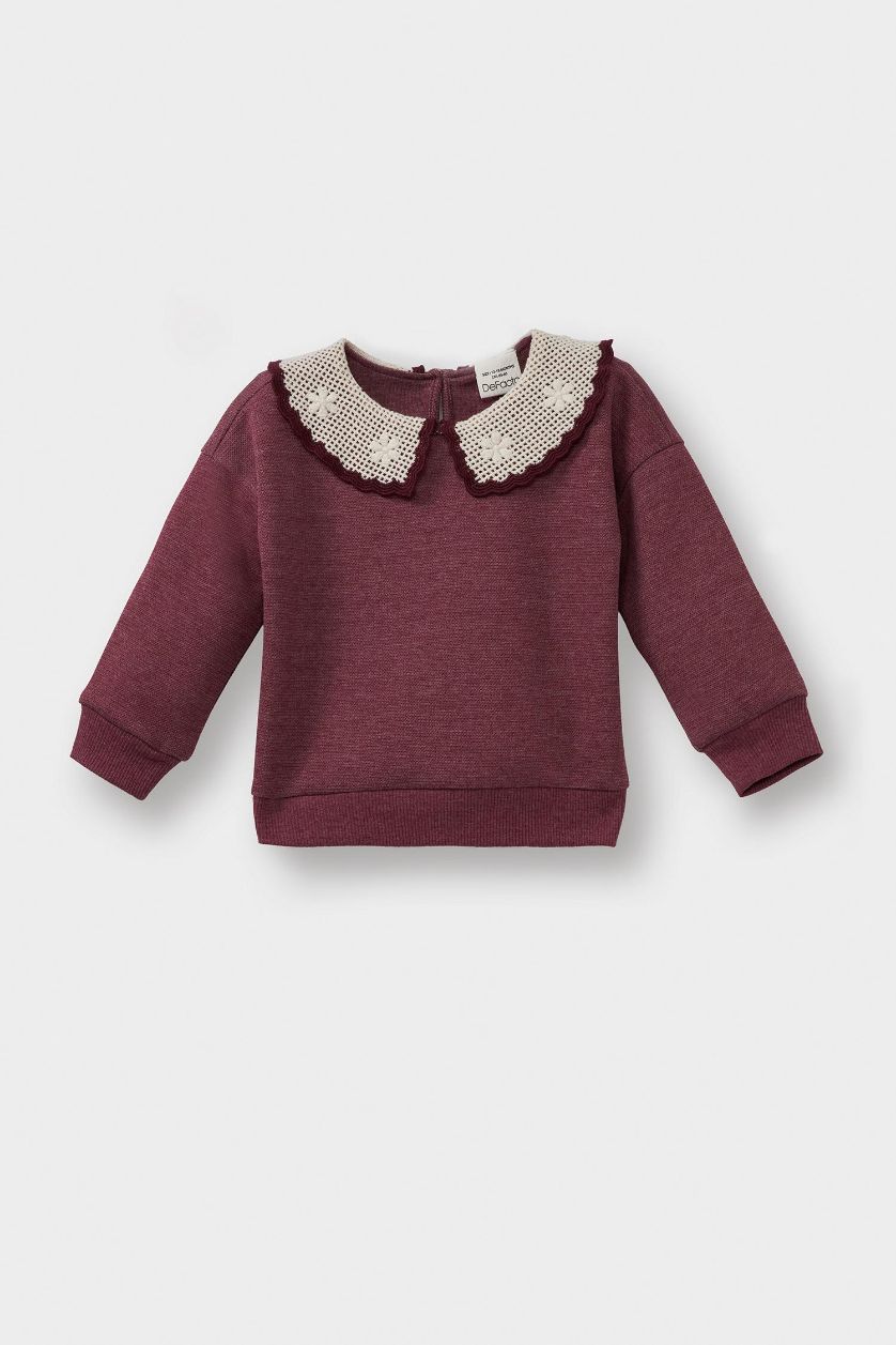 Kız Bebek Bordo Büyük Yaka Nakışlı Sweatshirt Kız Bebek