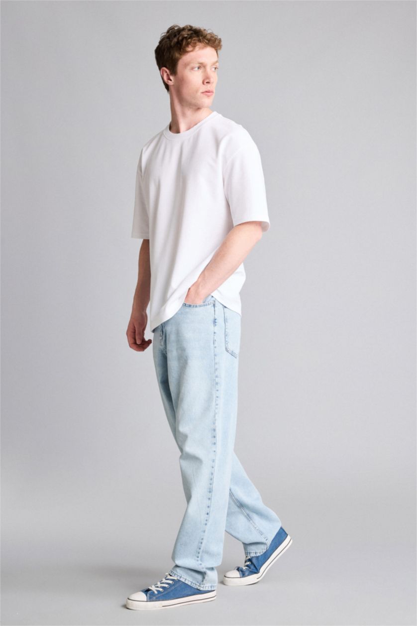 Erkek Açık Mavi Yumuşak Dokulu Baggy Fit Pantolon