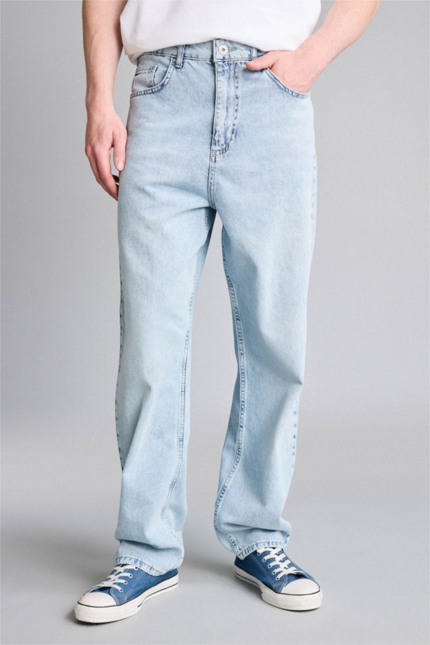 Erkek Açık Mavi Yumuşak Dokulu Baggy Fit Pantolon