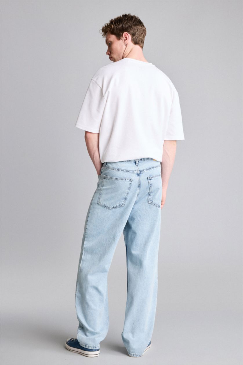 Erkek Açık Mavi Yumuşak Dokulu Baggy Fit Pantolon